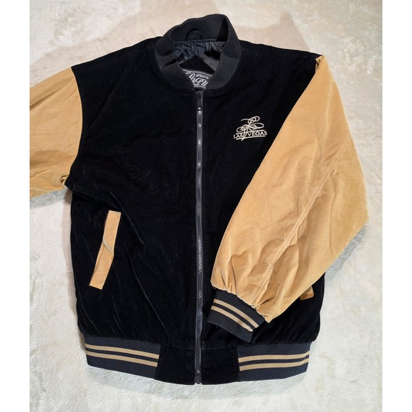 Lulu Other - Vintage Lulu Las Vegas Velvet Bomber Jacket Mens Black Tan Varsity Full Zip S